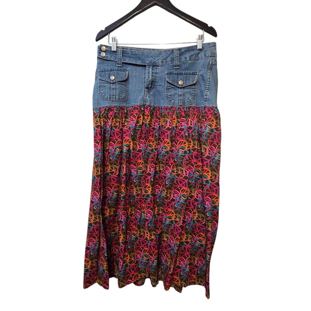 Vintage 90s Y2K FUBU Colorful‎ Denim Skirt Womens 11/12 Boho Tribal Colorful EUC